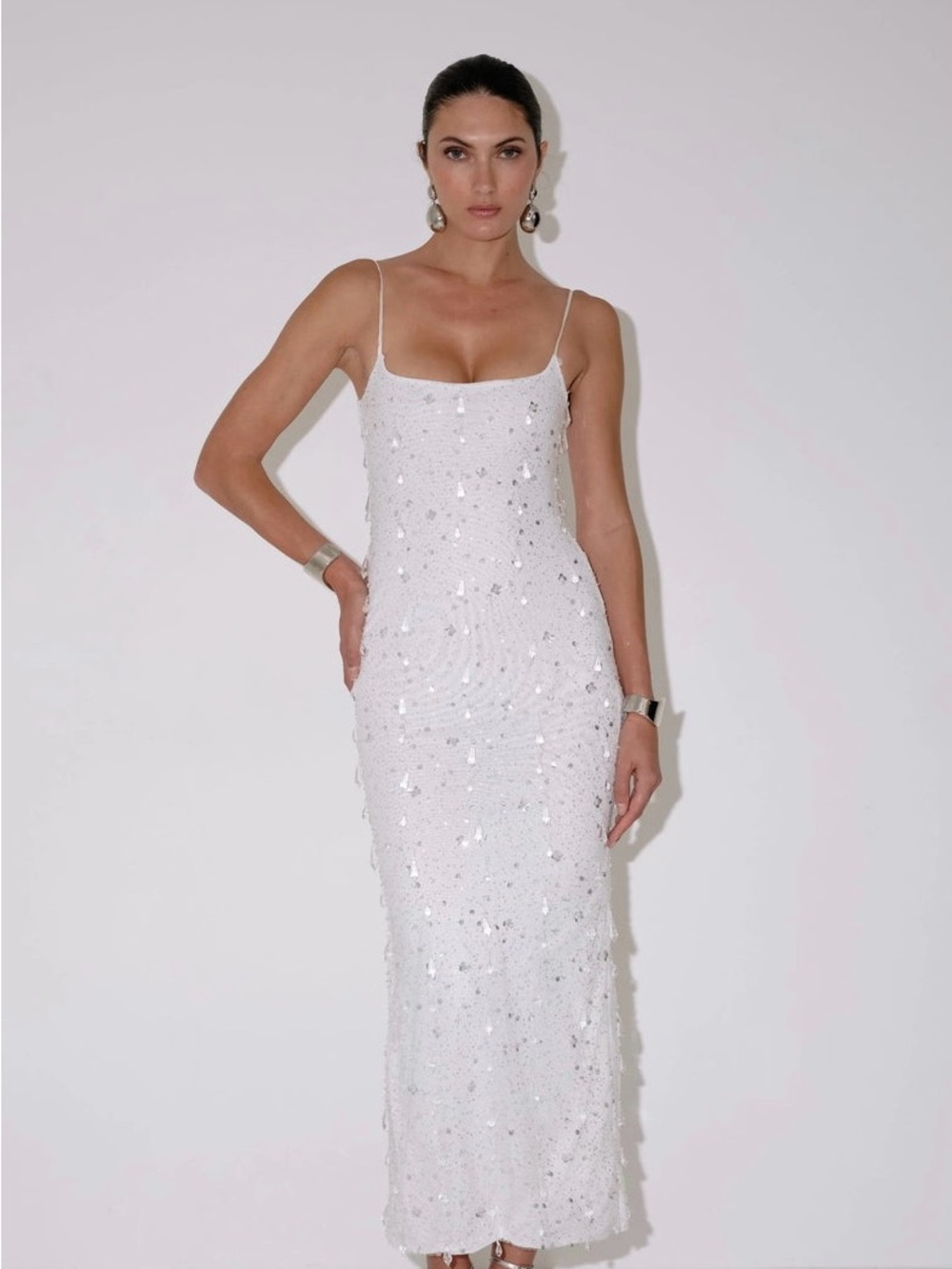 NWT Sequin White Maxi Slip Dress with Spaghetti Straps